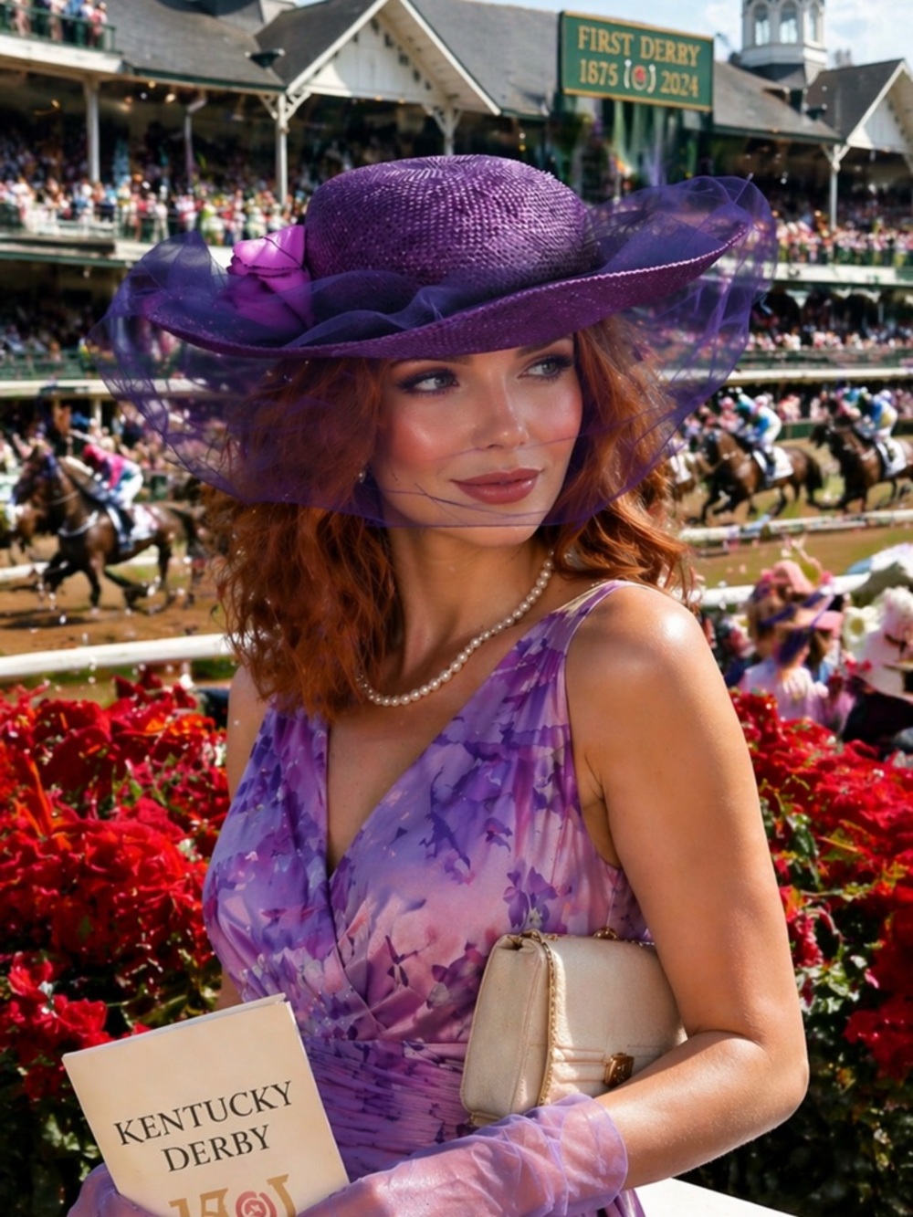 Vintage Wide Brim Purple Straw Derby Hat l
